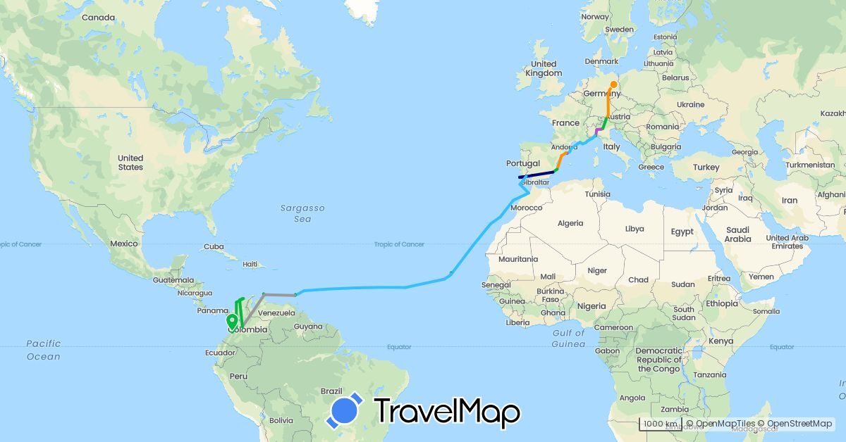 TravelMap itinerary: driving, bus, plane, train, hiking, boat, hitchhiking in Austria, Barbados, Colombia, Cape Verde, Curaçao, Germany, Spain, France, Grenada, Italy, Morocco, Netherlands, Portugal (Africa, Europe, North America, South America)